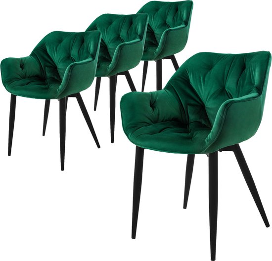 Lot de 4 chaises de salle à manger, revêtement en velours vert foncé avec pieds en métal, matériel de montage inclus ML- Design