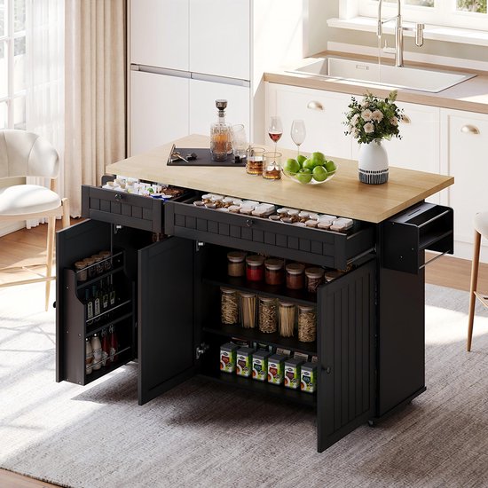 Îlot de cuisine Pugsdrly avec plan de travail rabattable, meuble de cuisine sur 6 roulettes verrouillables, avec étagère, porte-serviettes, 2 grands tiroirs et placard, noir, 137 x 89,5 x 45 cm