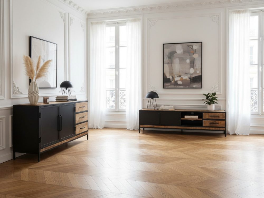 Ensemble BEAUBOURG avec Buffet 200 cm + Meuble TV Bois de manguier – Image 2