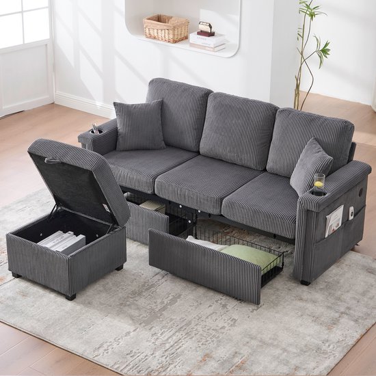 OKWISH Canapé d'angle – Canapé Modulaire L/U Avec LED, USB/Type-C & Tiroirs de Rangement – Avec Porte-gobelet, Compartiments Latéraux & Cadre en Bois Massif – Velours Côtelé – Gris Foncé