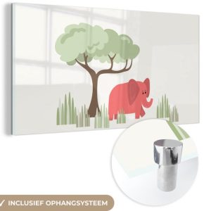 MuchoWow® Peinture sur verre 40×20 cm – Peinture sur verre acrylique – Illustration d&rsquo;un éléphant avec des plantes tropicales – Photo sur verre – Peintures