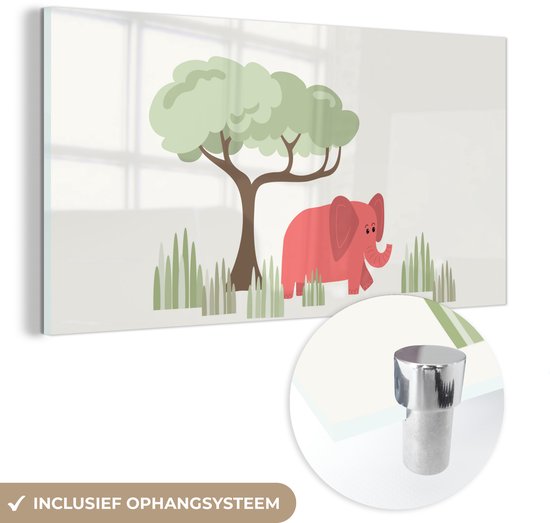 MuchoWow® Peinture sur verre 40x20 cm - Peinture sur verre acrylique - Illustration d'un éléphant avec des plantes tropicales - Photo sur verre - Peintures