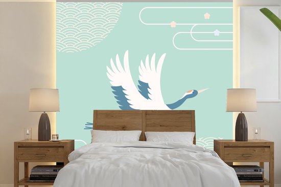 Illustration d'une grue chinoise contre une fotobehang de fond bleu