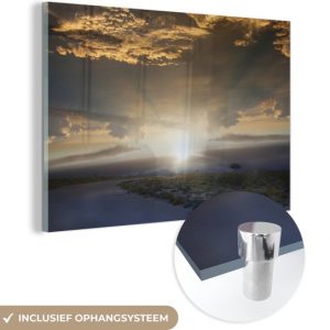 MuchoWow® Peinture sur verre 180×120 cm – Peinture sur verre – La route au lever du soleil dans le parc national d&rsquo;Etosha – Photo sur verre acrylique – Peintures