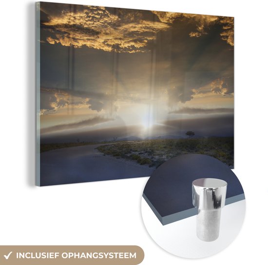 MuchoWow® Peinture sur verre 180x120 cm - Peinture sur verre - La route au lever du soleil dans le parc national d'Etosha - Photo sur verre acrylique - Peintures