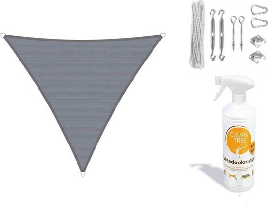 Pack complet: Triangle étanche Sunfighters 4x5x5.4m Grijs avec kit de montage en acier inoxydable et nettoyant pour tissu extérieur
