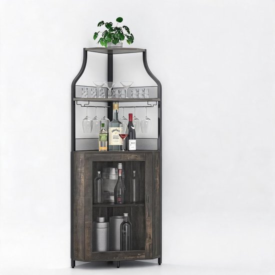 Meuble à vin pour-Meuble de bar d'angle haut avec éclairage LED et prise, casier à vin, vitrine autoportante, meuble à boissons 154x47x13cm avec porte-verres pour salon et cuisine
