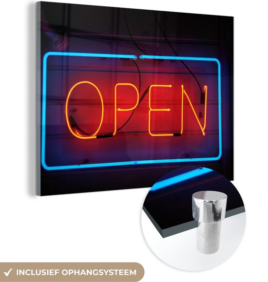 MuchoWow® Glass Painting - Une enseigne lumineuse avec le texte ouvert - 80x60 cm - Peintures sur Verre Acrylique - Photo sur Glas