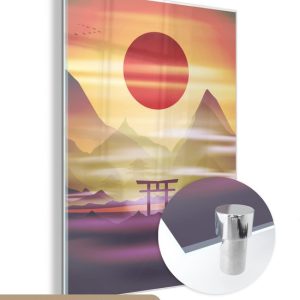MuchoWow® Peinture sur verre 30×40 cm – Peinture sur verre acrylique – Portail Torii traditionnel dans la brume au Japon avec soleil levant et montagnes – Photo sur verre – Peintures