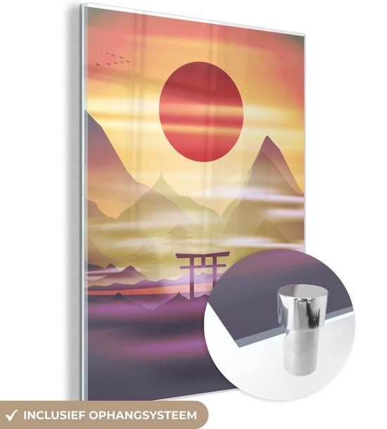 MuchoWow® Peinture sur verre 30x40 cm - Peinture sur verre acrylique - Portail Torii traditionnel dans la brume au Japon avec soleil levant et montagnes - Photo sur verre - Peintures