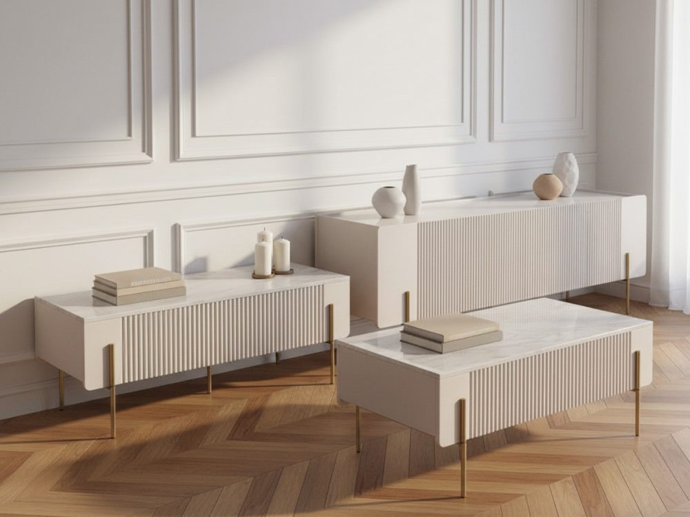 Ensemble MATHILDE avec buffet 200 cm + meuble TV 200 cm + table basse 100 cm plateau effet marbre et pieds or – Image 3
