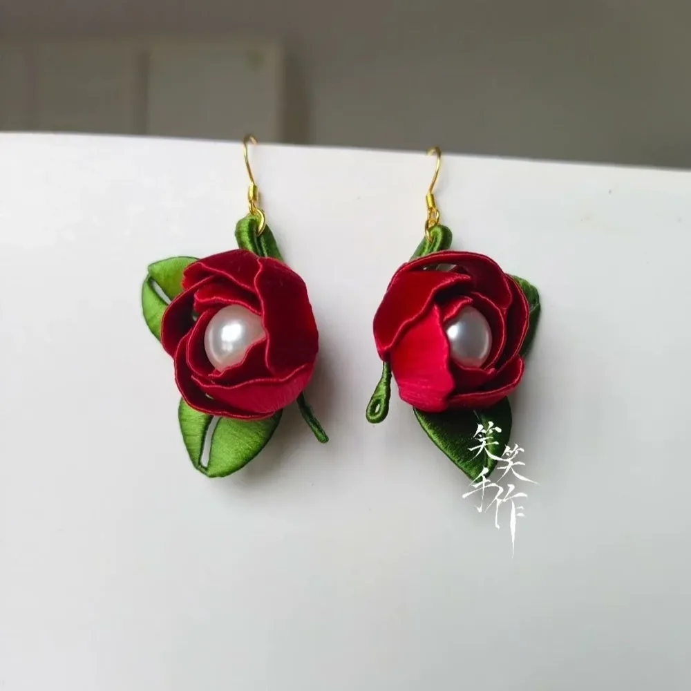Handcrafted Chanhua Rose & Pearl Drop Earrings - 925 Silver Hooks – Image 2