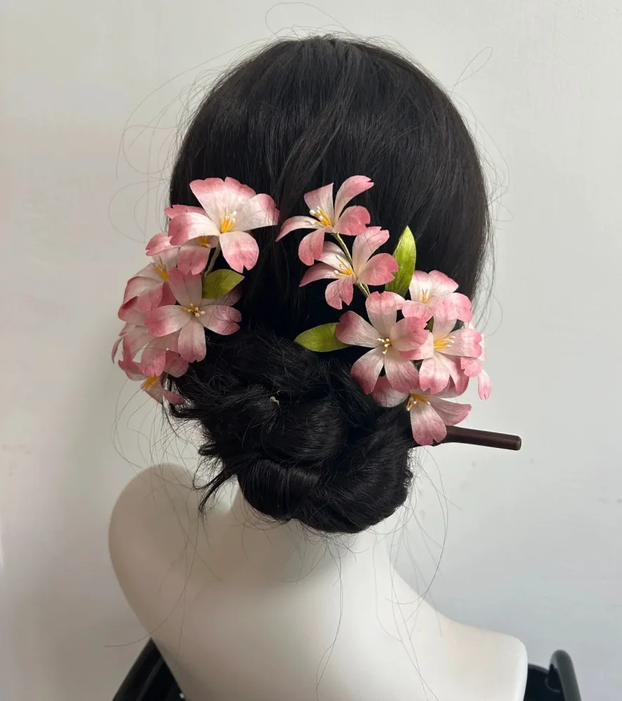 Handmade Silk Thread Ronghua Hair Clip - Pink Cherry Blossom Hair Accessory for Wedding & Hanfu