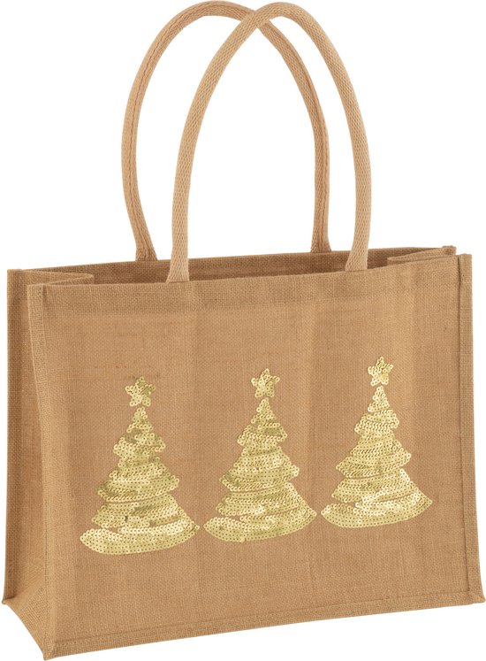 J-Line Sac 3 Sapins De Noel Sequin Jute Naturel/Or