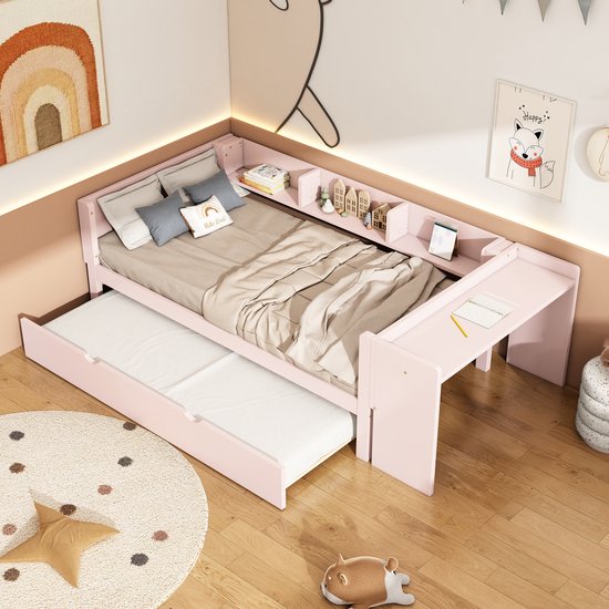 Lit Simple Avec Lit Gigogne - 90x200 Cm - Lit Enfant Avec Bureau Et 3 Étagères - Rose - Sans Matelas