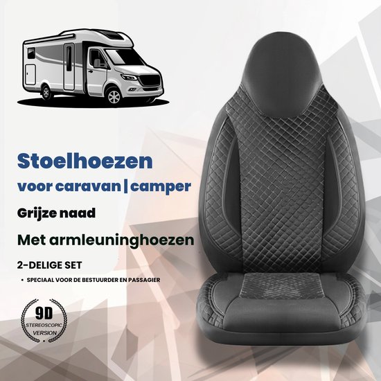 Housses de siège de siège pour caravane | camping-car en forme, ensemble de 2 pièces - côté conducteur 1 + 1 côté passager | Avec housses d'accoudoirs | CBA105-U | Zwart avec couture grise