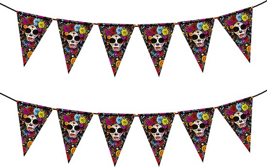 Guirlande de fanions thème Halloween/horreur - 2x - Jour des Morts - plastique - 300 cm - décoration de drapeau effrayante