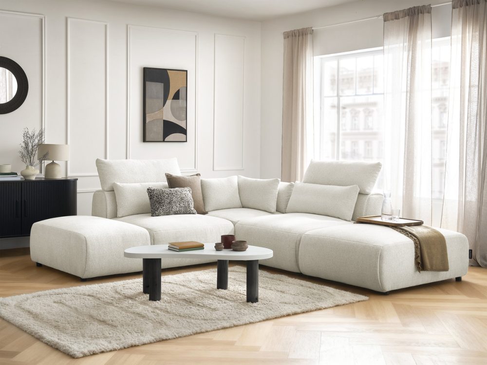 Canape d'angle fixe modulable avec tetieres JANA tissu chine avec 2 chauffeuses, 1 angle et 2 poufs – Image 2