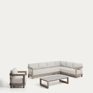 Set Nerano mit 5-Sitzer-Ecksofa, Sessel und Couchtisch aus gehärtetem Glas und Aluminium in Taupe Set Nerano mit 5-Sitzer-Ecksofa, Sessel und Couchtisch aus gehärtetem Glas und Aluminium in Taupe
