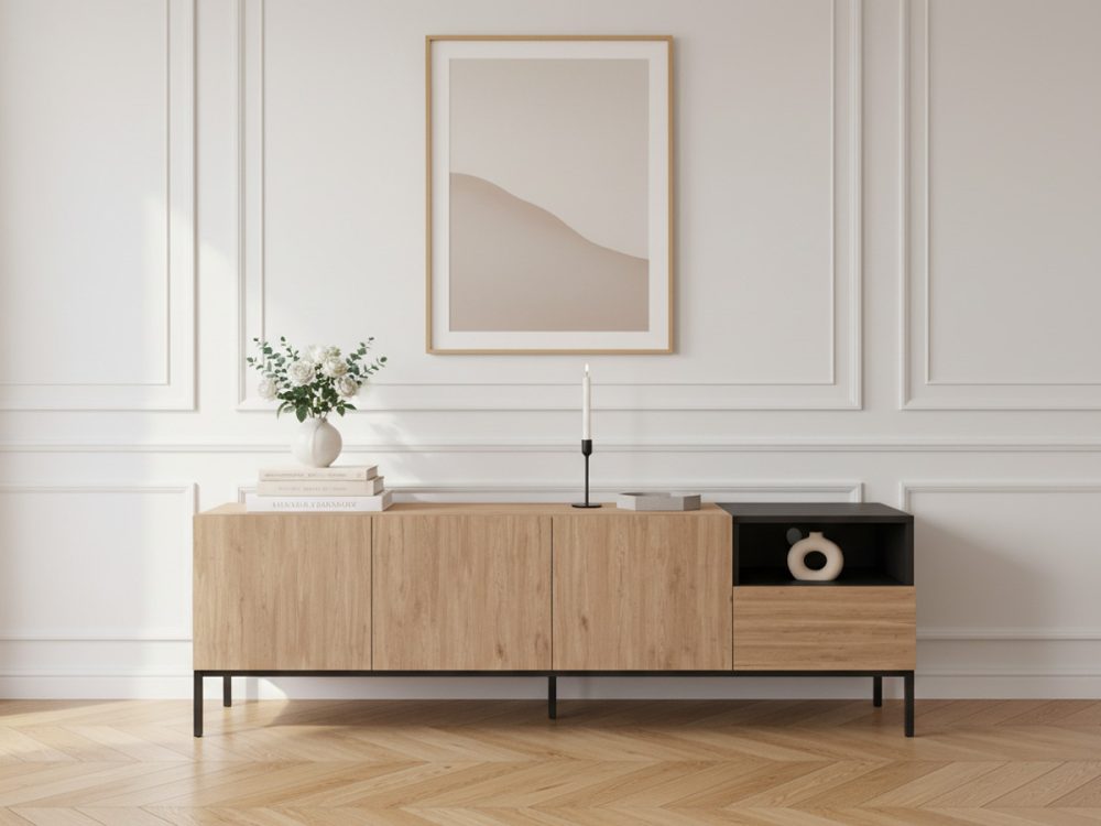 Meuble TV 3 portes 1 tiroir 180 cm CECILIA effet chene – Image 2