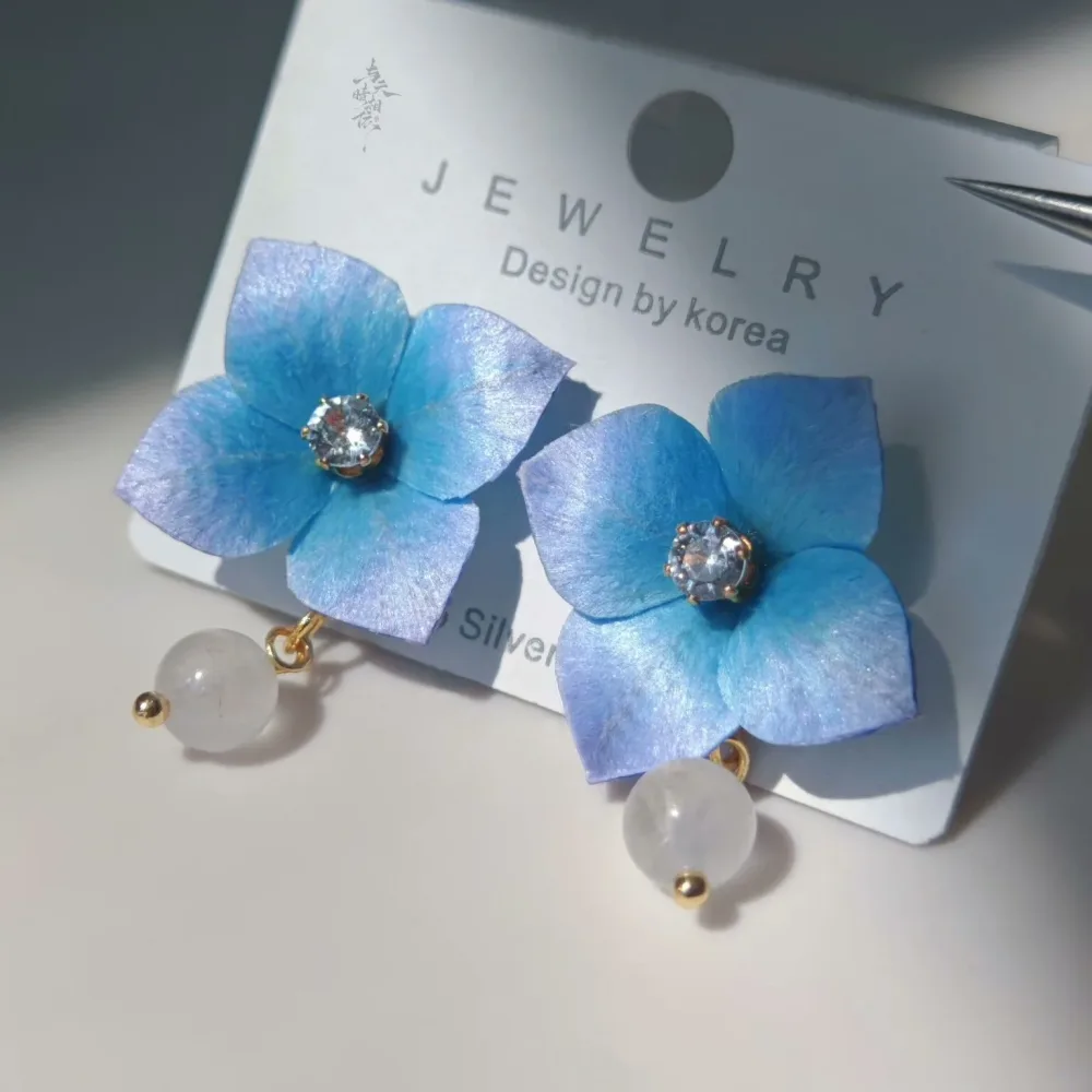Handmade Ronghua Blue Hydrangea Drop Earrings | Mulberry Silk Velvet Flower Earrings – Image 3