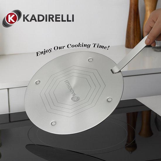 Kadirelli - Plaque de diffusion de chaleur 20 cm – Inox – Pour induction, gaz et vitrocéramique – Avec poignée amovible