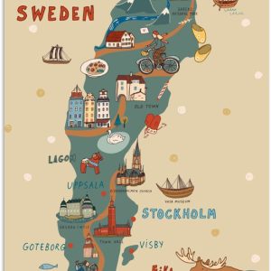 Illustration Scandinavie avec la carte de la Suède et un orignal 80×120 cm Illustration Scandinavie avec la carte de la Suède et un orignal 80×120 cm
