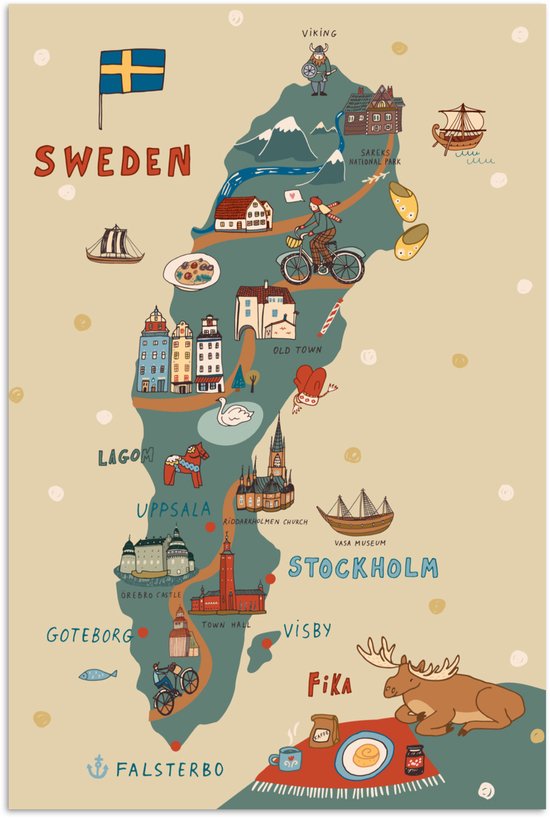 Illustration Scandinavie avec la carte de la Suède et un orignal 80x120 cm