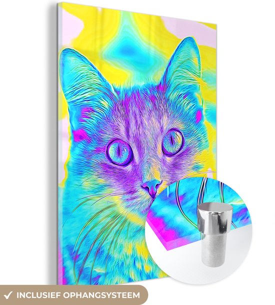 MuchoWow® Peinture sur verre - Une photo pop art colorée d'un chat - 120x160 cm - Peintures sur verre acrylique - Photo sur Glas