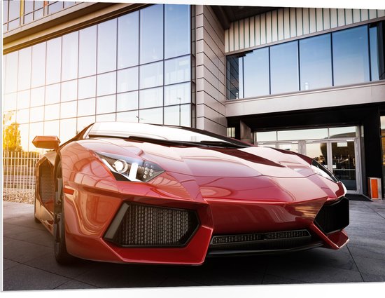Feuille de mousse PVC - Voiture de sport rouge garée devant le bâtiment - 100x75 cm Photo sur feuille de mousse PVC