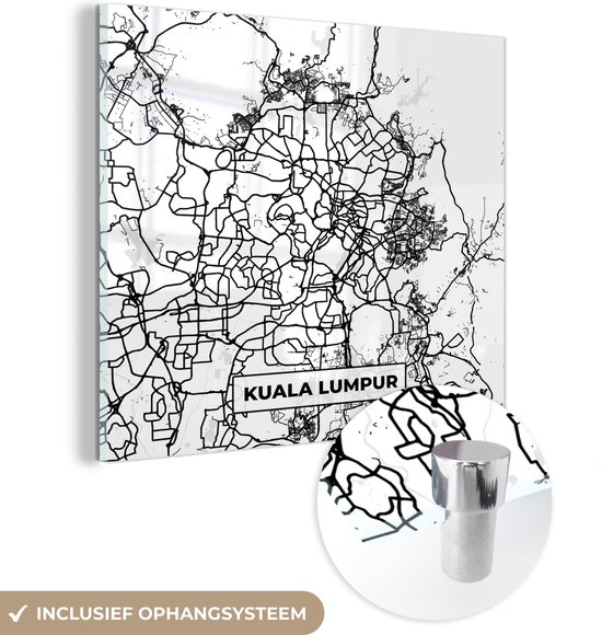 MuchoWow® Peinture sur verre 20x20 cm - Peinture sur verre acrylique - Carte - Kuala Lumpur - Plan de la ville - Carte - Zwart et Wit - Photo sur verre - Peintures
