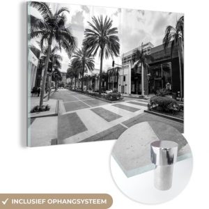 MuchoWow® Peinture sur verre 120×80 cm – Peinture acrylique sur verre – Palmiers de Rodeo Drive à Beverly Hills, États-Unis – Noir et blanc – Photo sur verre – Peintures
