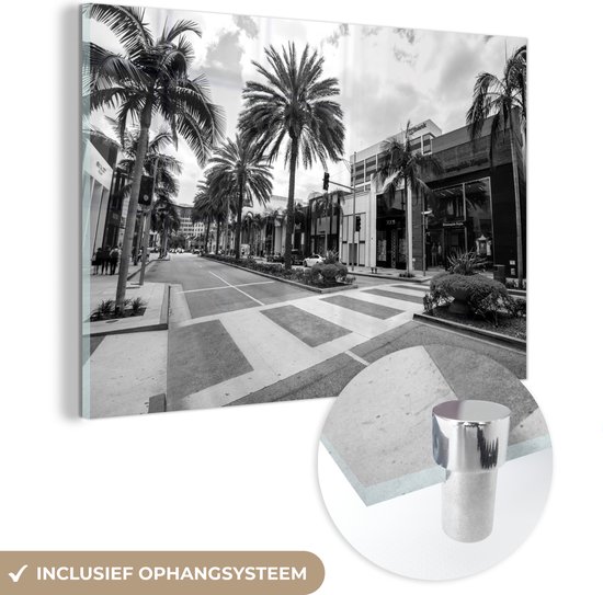 MuchoWow® Peinture sur verre 120x80 cm - Peinture acrylique sur verre - Palmiers de Rodeo Drive à Beverly Hills, États-Unis - Noir et blanc - Photo sur verre - Peintures