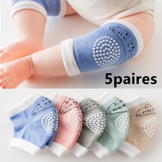 Genouillères pour bébé, genouillères unisexes en coton, avec picots en caoutchouc antidérapants, bande élastique réglable, adaptées pour ramper, 5 paires par paquet.
