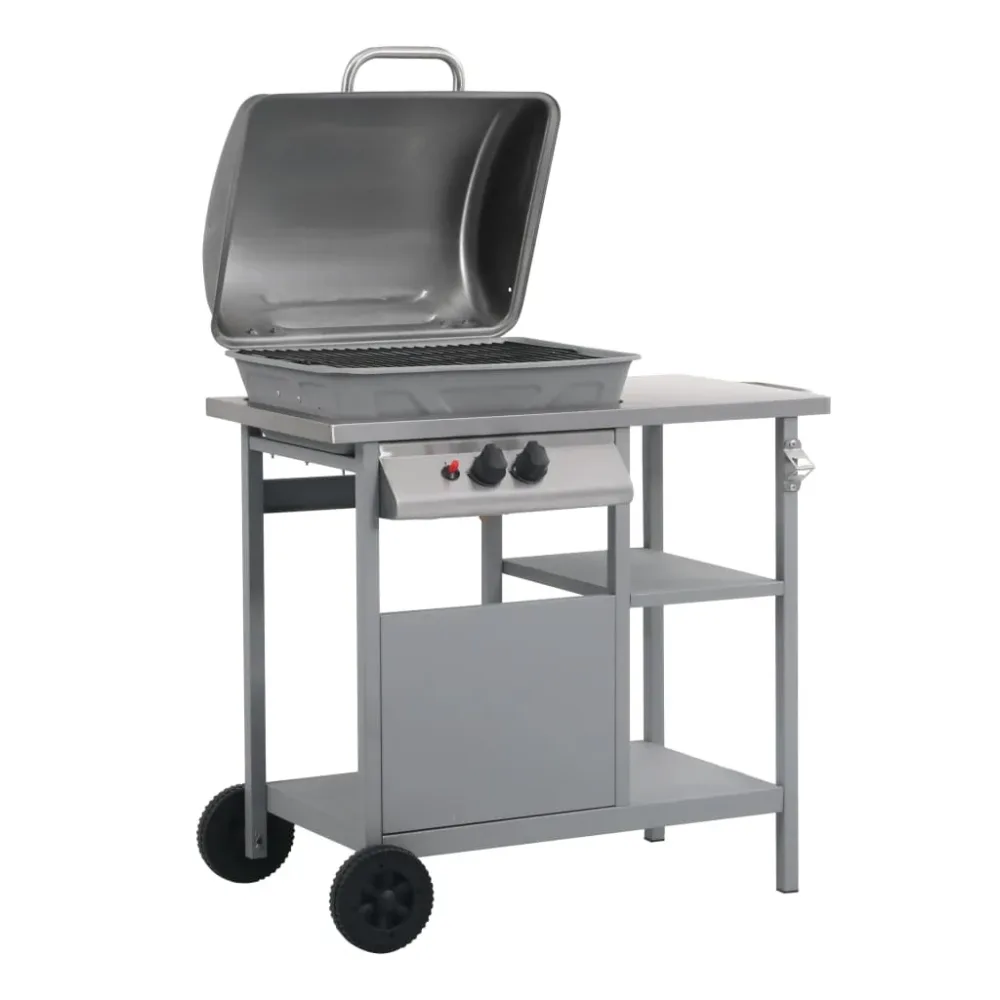 Gas BBQ Grill with 3-layer Side Table Black and Silver – Image 2