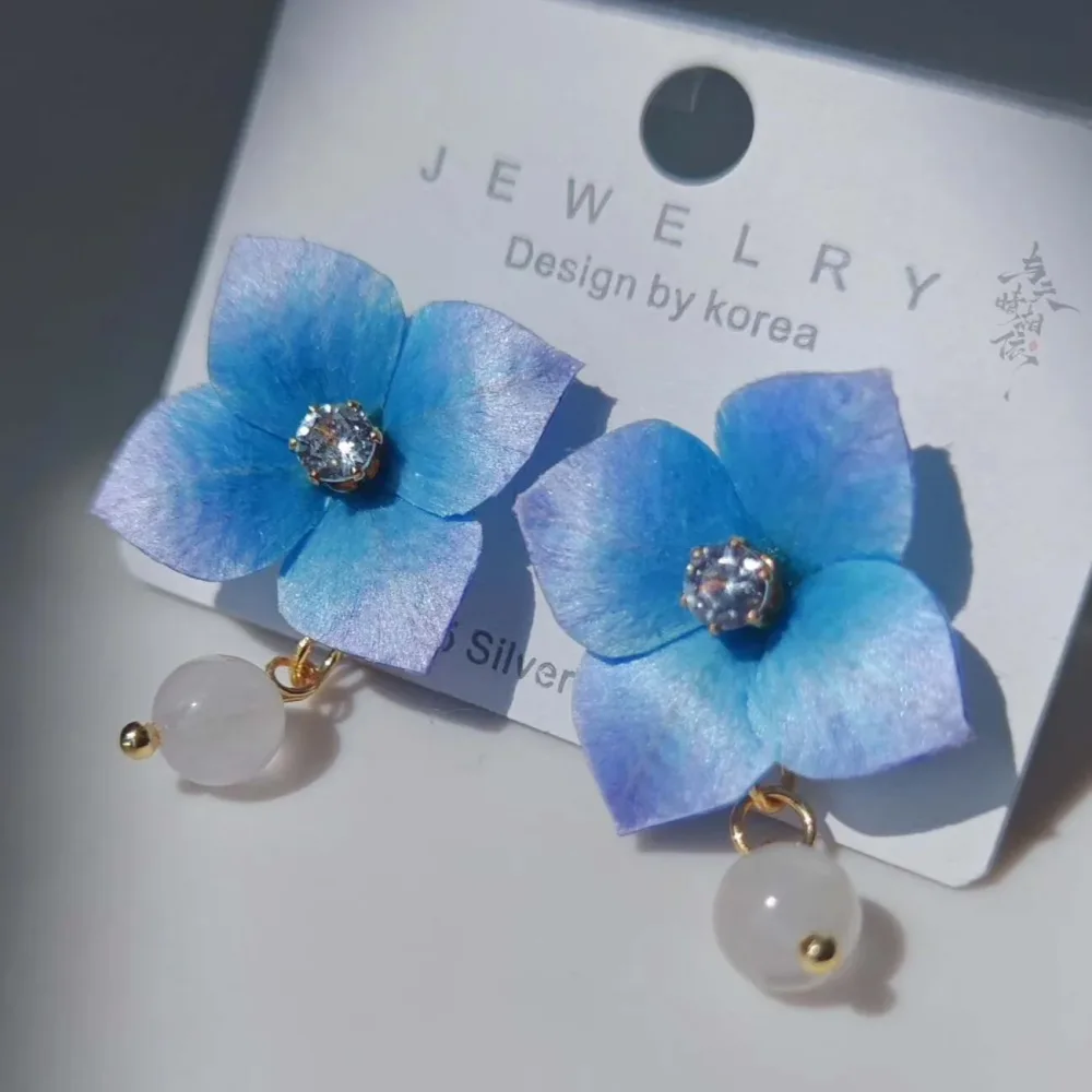 Handmade Ronghua Blue Hydrangea Drop Earrings | Mulberry Silk Velvet Flower Earrings