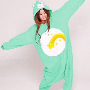 KIMU Onesie Costume d&rsquo;ours de soins turquoise – Taille L-XL – Costume d&rsquo;ours de soins Costume d&rsquo;ours Wish Bear Star – Costume d&rsquo;ours Costume de maison Pyjama Polaire Femme Homme Carnaval Costume de carnaval