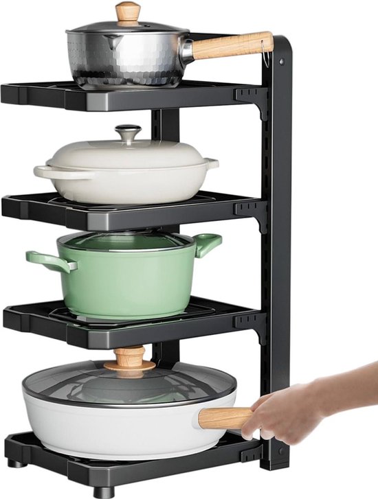Organisateur de Casseroles et poêles et de casseroles pour armoire, support de casseroles à 4 niveaux pour armoire, support de casseroles réglable pour l'organisation et le rangement de la cuisine