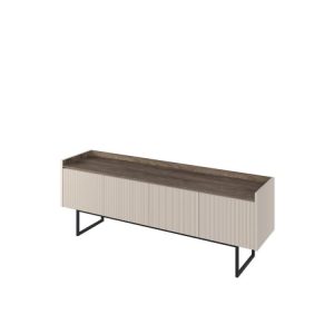Meuble TV 4 portes 166 cm LOUNA beige et effet bois avec tasseaux et LED Meuble TV 4 portes 166 cm LOUNA beige et effet bois avec tasseaux et LED