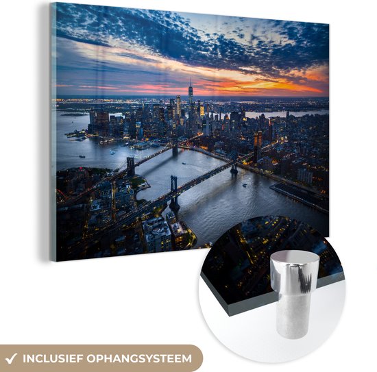 MuchoWow® Peinture sur verre 150x100 cm - Peinture acrylique sur verre - Le Bridge de Brooklyn au coucher du soleil à New York - Photo sur verre - Peintures