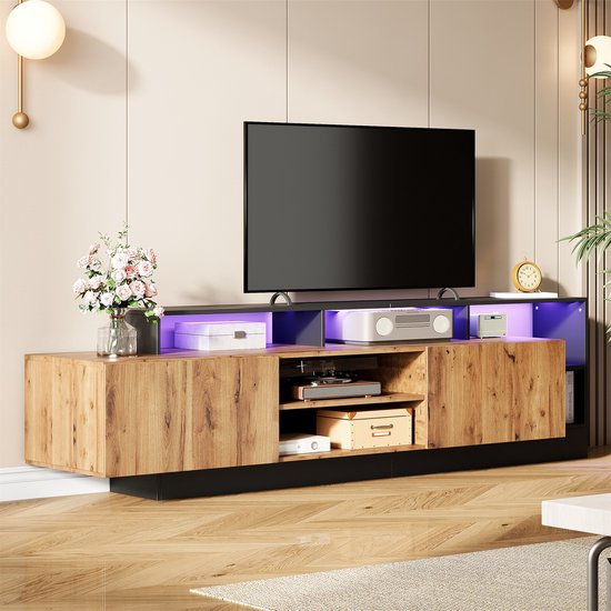 Meuble TV REDOM 190*40*48,5 cm en panneau de particules chêne et noir, avec éclairage LED et portes, design moderne.