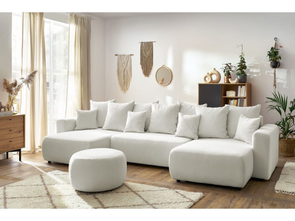Canape panoramique convertible coffre ENVY tissu bouclette avec pouf rond – Image 3