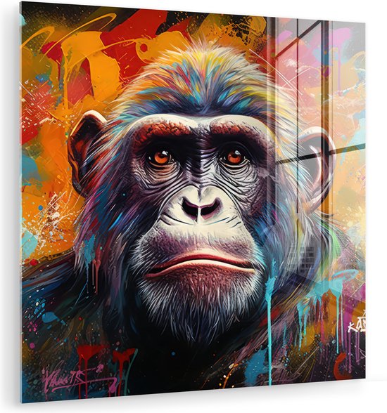 MuchoWow® Tableau sur verre 90x90 cm - Tableau sur verre acrylique - Singe - Gorilla - Graffiti - Animaux - Couleurs - Photo sur verre - Décoration murale salon - Décoration murale chambre - Peintures