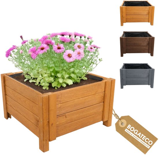 Jardinière en bois BOGATECO 60 x 60 x 30 cm - Avec agrotextile - Résistante aux intempéries et imprégnée - Bac à fleurs pour jardin et balcon - Brun clair
