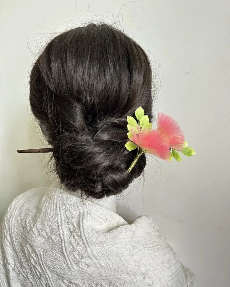Handmade Ronghua Silk Albizia Flower Hairpin - Pink Mimosa Velvet Flower Kanzashi Hairpin