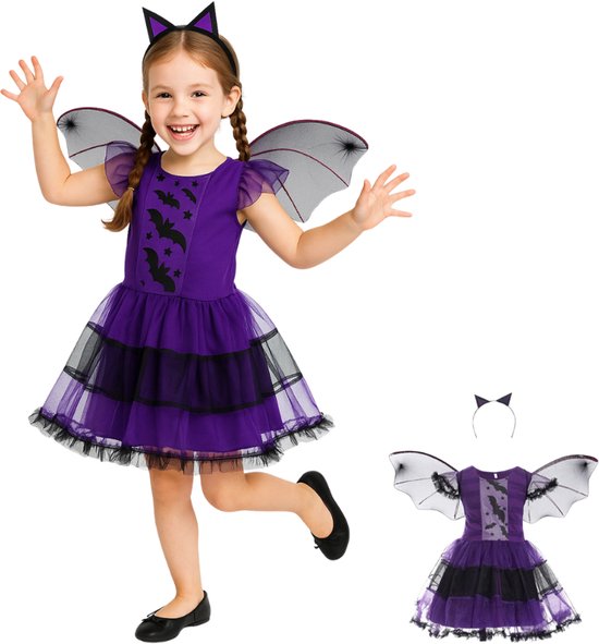 Joya Kids® Déguisement chauve-souris | Ailes de chauve-souris avec robe | Costume de films d'horreur | Déguisement Fille | Robe d'Halloween avec ailes et bandeau | Déguisements | Taille 130