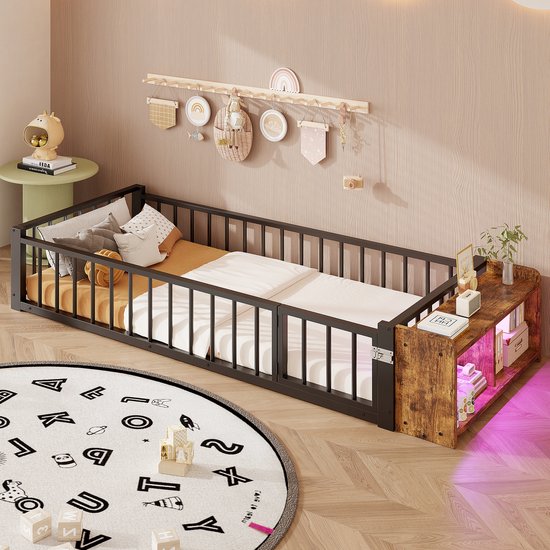 Lit enfant MODFU 90x200 cm – Avec barrière de protection & rangement ouvert – LED – Métal et MDF – Noir