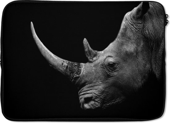 Housse ordinateur 13 pouces - Rhinocéros - Animaux - Zwart - Wit - Portrait - Housse ordinateur - Dimensions intérieures 32x22,5 cm - Dos noir