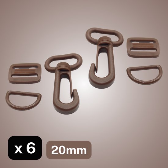 JEU DE 6 BOUCLES NYLON (2 CLASSES LOCASTER + 2 BOUCLES COULISSANTES + 2 ANNEAUX D) - LARGEUR : 20MM, Couleur MARRON