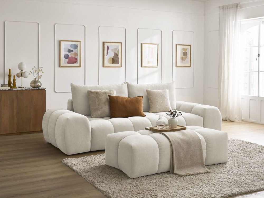 Canape droit fixe 3 places EVEREST tissu texture avec pouf – Image 2